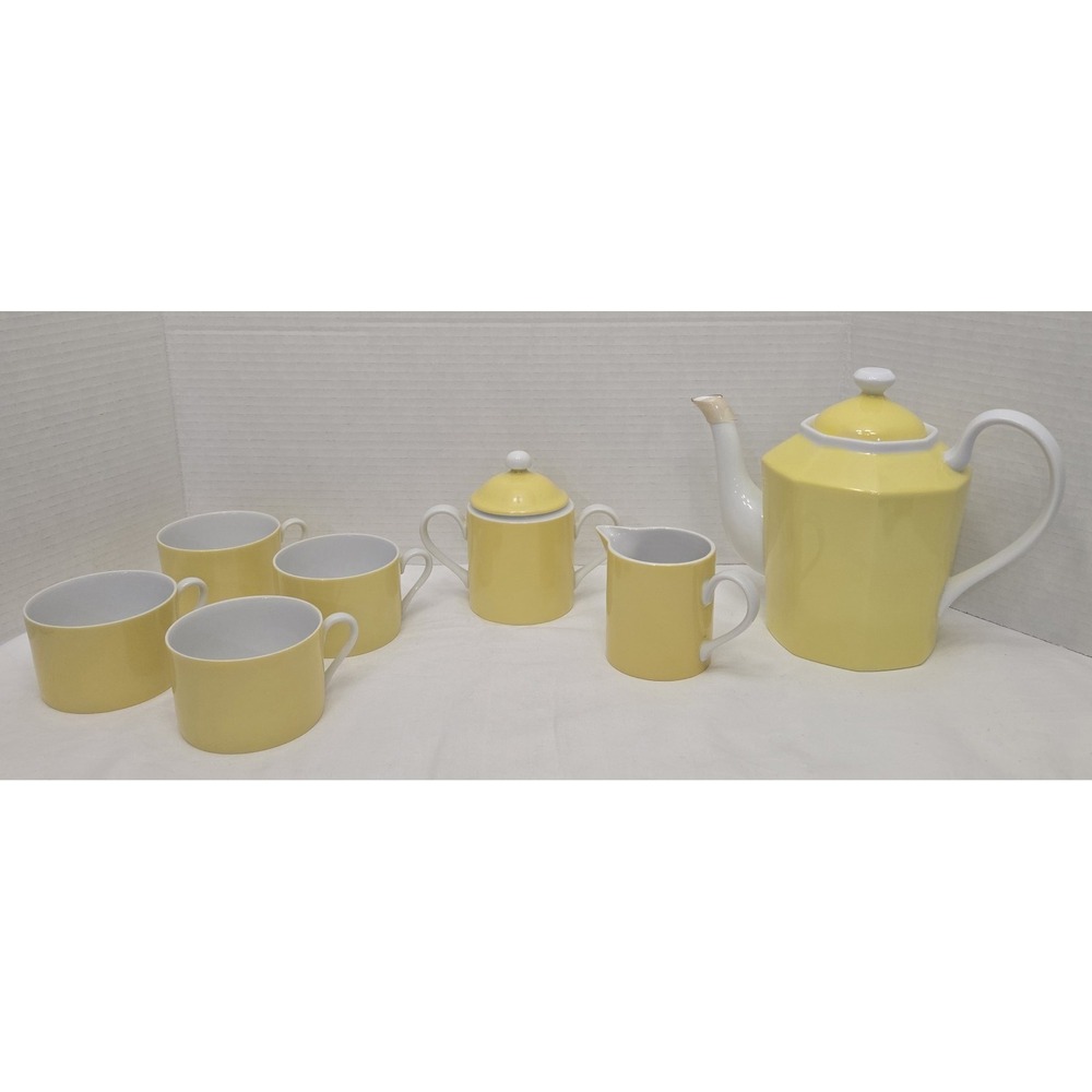 Vtg 1975 Fitz & Floyd Rondeletβ Yellow Teapot Sugar Creamer 8 Mugs Set Pristine